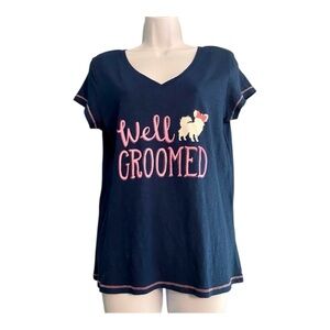 NWT Little Blue House Well Groomed Dog Mom V Neck Short Sleeve Navy T Shirt Sz S